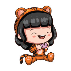 Vector illustration of cute chibi character isolated on white background. Cartoon girl in tiger costume for new year 2022. Little girl with muffin.