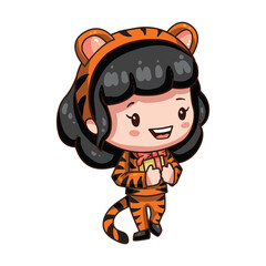 Vector illustration of cute chibi character isolated on white background. Cartoon girl in tiger costume for new year 2022. Little girl with gift box.