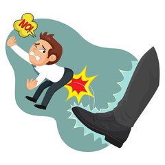 A big foot kicking small businessman, illustration vector flat style cartoon
