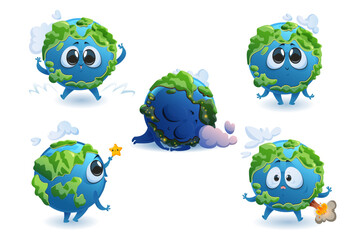 Earth cartoon character, cute funny planet with kawaii face and cloud at day or night, mascot rejoice, touching little star, sleep and shocked with volcano eruption and earthquake, Carton vector set