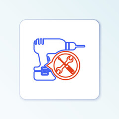 Obraz na płótnie Canvas Line Drill machine with screwdriver and wrench icon isolated on white background. Adjusting, service, setting, maintenance, repair, fixing. Colorful outline concept. Vector