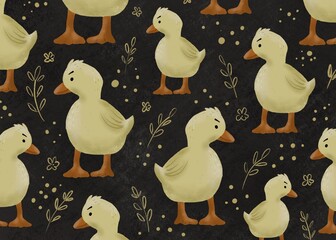 Duckling on dark background, hand-drawn illustration, pattern. Design for clothes and other things.