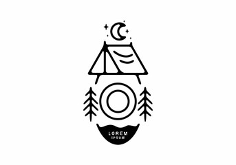 Black line art illustration of camping tent badge with O letter