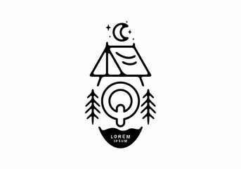 Black line art illustration of camping tent badge with Q letter