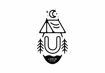 Black line art illustration of camping tent badge with U letter