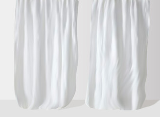White lightweight fabric curtain fluttering realistic vector illustration mock up. Shower or window fabric on a curtain rod template.