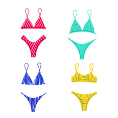 A collection of fashionable swimsuits. Beachwear. Two-piece swimsuits, bikinis. Vector Flat Illustration