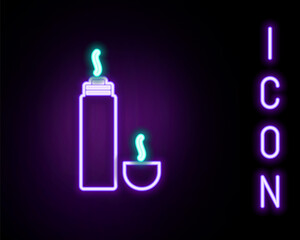 Glowing neon line Thermos container icon isolated on black background. Thermo flask icon. Camping and hiking equipment. Colorful outline concept. Vector