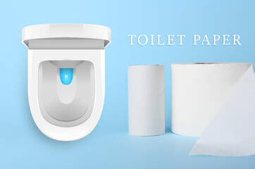 Roll of soft paper with toilet bowl on color background