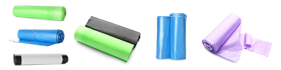 Different garbage bags on white background