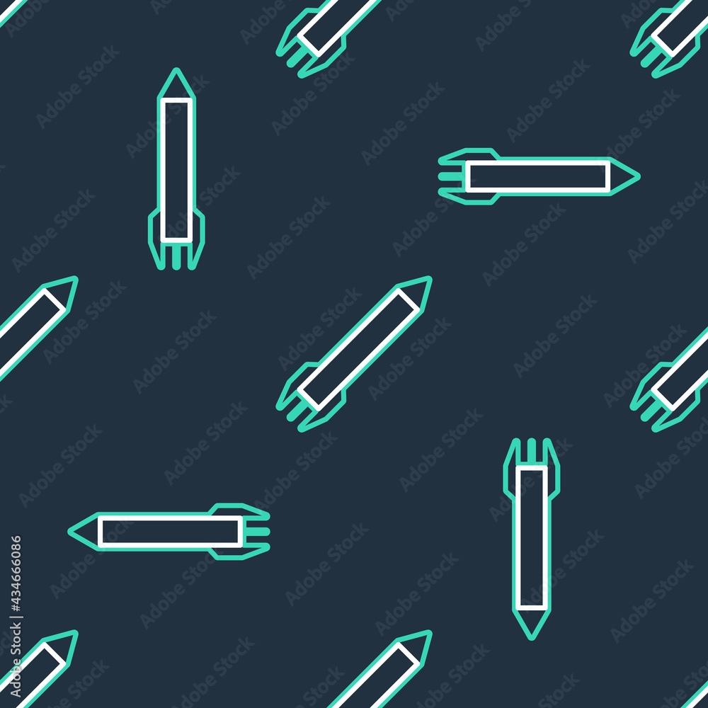 Poster line rocket icon isolated seamless pattern on black background. vector