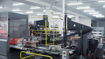Conveyor line for the production of boxes. Machine carves and bends cardboard boxes from sheets of cardboard. Enterprise for the production package