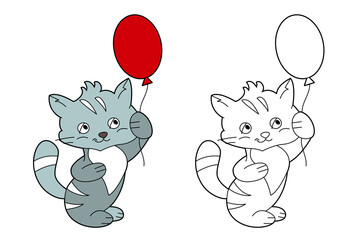 Small cute cat holding balloon and waiting for birthday party. Illustration with pretty pet kitten on white background. Picture can be used for coloring books for children