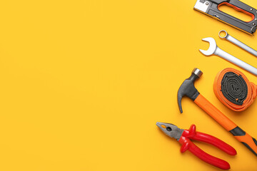 Set of tools on color background