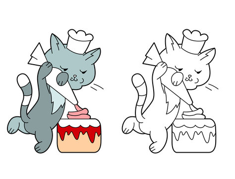 Small cute cat decorating birthday cake with cream. Illustration with pretty pet kitten on white background. Picture can be used for coloring books for children
