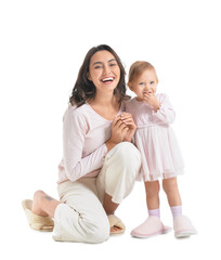 Happy woman and her little daughter on white background