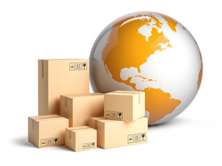 Cardboard parcels and Earth planet, Worldwide delivery concept. 3D