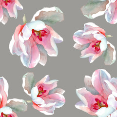 White pink tulips watercolor on grey background seamless pattern for all prinnts. Hand painted.