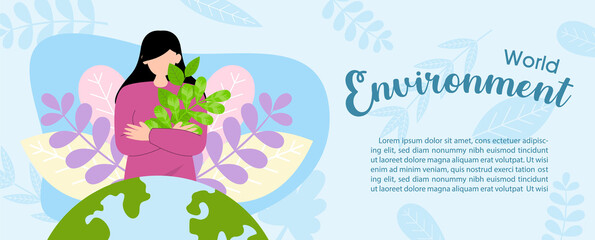 Young woman in cartoon character hug a plant with global and wording of environment day, on decoration plants and blue leaves pattern background.