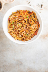 rice noodles wok Shirataki funchose vegetables soy sauce soup pho, pho bo pad thai vegetarian food meal snack copy space food background rustic top view