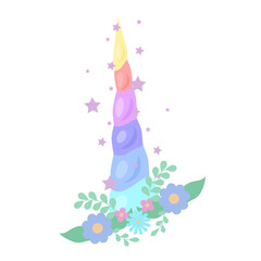 Childrens illustration of a multicolored unicorn horn with wreath of flowers and stars sparks on white background. Rainbow decoration. Vector cartoon flat drawing for card, sticker and decor on stick
