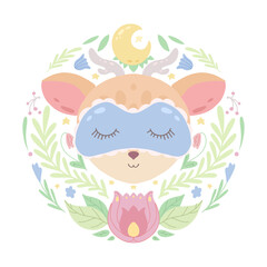 Cute childish illustration of a little lovely deer in sleeping mask with plant decoration on white background. The baby animal. Vector cartoon flat drawing for a childrens room, stickers and cards.