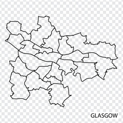 High Quality map of Glasgow is a city  of United Kingdom, with borders of the districts. Map of Glasgow for your web site design, app, UI. Great Britain. EPS10.