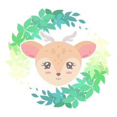 Cute childish illustration of a little lovely deer in plant wreath on white background. The baby animal. Vector cartoon flat drawing for a childrens room, stickers and cards.