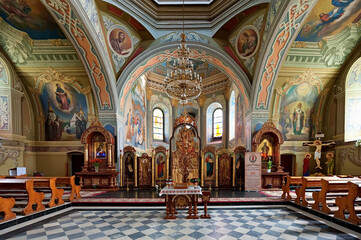 Fototapeta na wymiar Interior of Church of St. Nicholas (Church of Transfiguration) of the Krekhiv, Lviv district, Ukraine