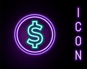Glowing neon line Coin money with dollar symbol icon isolated on black background. Banking currency sign. Cash symbol. Colorful outline concept. Vector