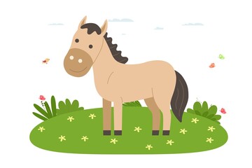 Hourse. Pet, domestic and farm animal. Hourse is walking on the lawn. Vector illustration in cartoon flat style.