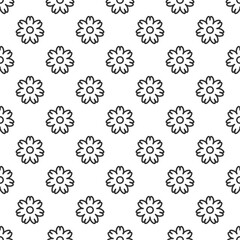 Seamless daisy flower pattern. Black outline flat blossoms on white background.