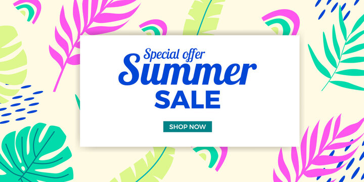 summer sale offer banner promotion with soft pastel pink green blue color of tropical leaves memphis