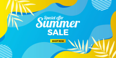 summer sale offer banner promotion with wave abstract memphis style with blue and yellow background © andinur