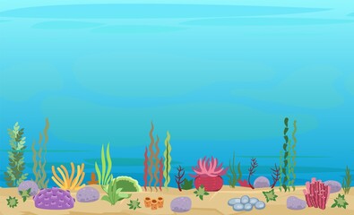 Fototapeta na wymiar Sandy bottom of the reservoir. Blue transparent clear water. Sea ocean. Underwater landscape with plants, algae and corals. Illustration in cartoon style. Flat design. Vector art