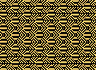 Abstract geometric pattern with stripes, lines. Seamless vector background. Gold and black ornament. Simple lattice graphic design