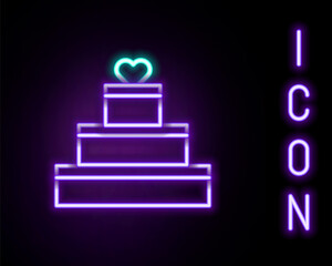 Glowing neon line Wedding cake with heart icon isolated on black background. Valentines day symbol. Colorful outline concept. Vector