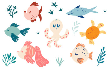 Set with fish. Various types of fish, turtle, octopus. Marine animals and aquatic plants. Maritime concept. Underwater creature collection. Sea creatures. Funny cartoon character. Vector illustration.