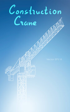 Tower construction crane. Vector line art on white