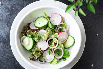 fresh vegetable green salad radish, cucumber, mix leaves veggie meal snack summer menu diet vegan or vegetarian food copy space food background rustic top view