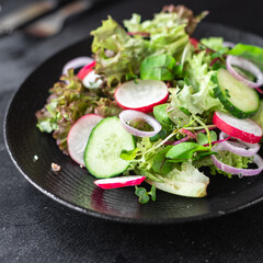 fresh vegetable green salad radish, cucumber, mix leaves veggie meal snack summer menu diet vegan or vegetarian food copy space food background rustic top view