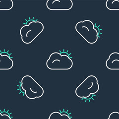 Line Sun and cloud weather icon isolated seamless pattern on black background. Vector