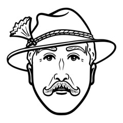 monochrome man head with hat and mustache. comic, outline.