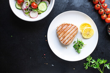 tuna grill seafood fried barbecue fish grilled healthy eating second course meal snack pescetarian diet vegetarian food copy space food background rustic. top view