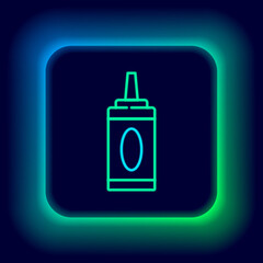 Glowing neon line Bottle of shampoo icon isolated on black background. Colorful outline concept. Vector