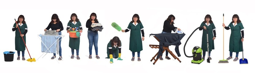 Obraz premium woman doing different cleaning tasks on white background