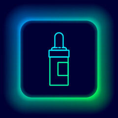 Obraz premium Glowing neon line Beard and mustaches care oil bottle icon isolated on black background. Glass bottle with pipette. Colorful outline concept. Vector
