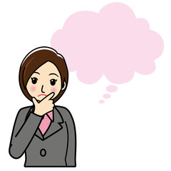 イラスト素材　疑問戸惑いを感じるスーツ姿の若い女性のイラスト　フキダシ白バック