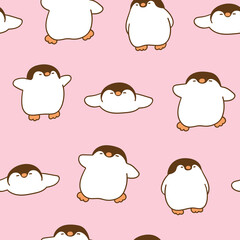Pattern of Cute Cartoon Penguin Characters on Pink Background