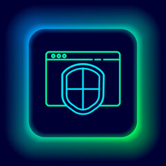 Glowing neon line Browser with shield icon isolated on black background. Security, safety, protection, privacy concept. Colorful outline concept. Vector